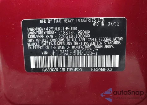2013 Subaru Impreza 2.0I Premium from USA, damaged, VIN JF1GPAC68DH206647